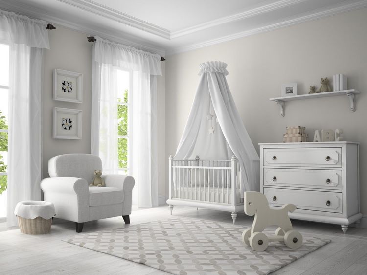 Grey nursery room design ideas and white furniture
