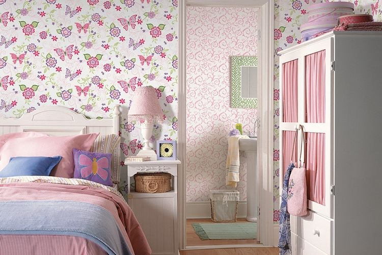 Kids bedroom pink butterfly and flowers wallpaper in girl room