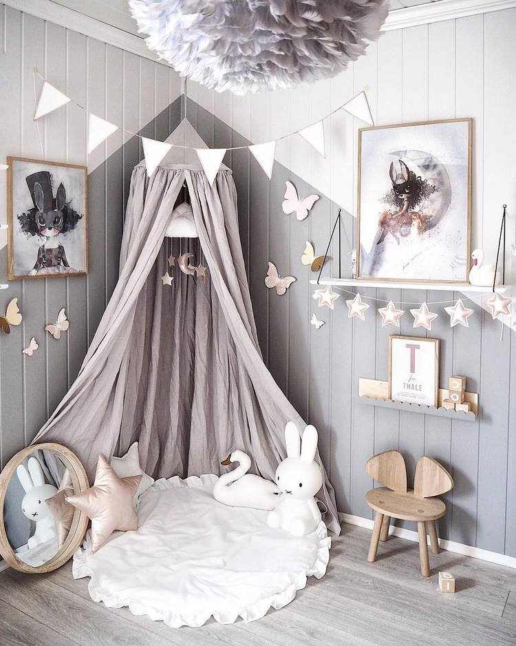 baby girl room ideas in neutral colors white grey and pink accents