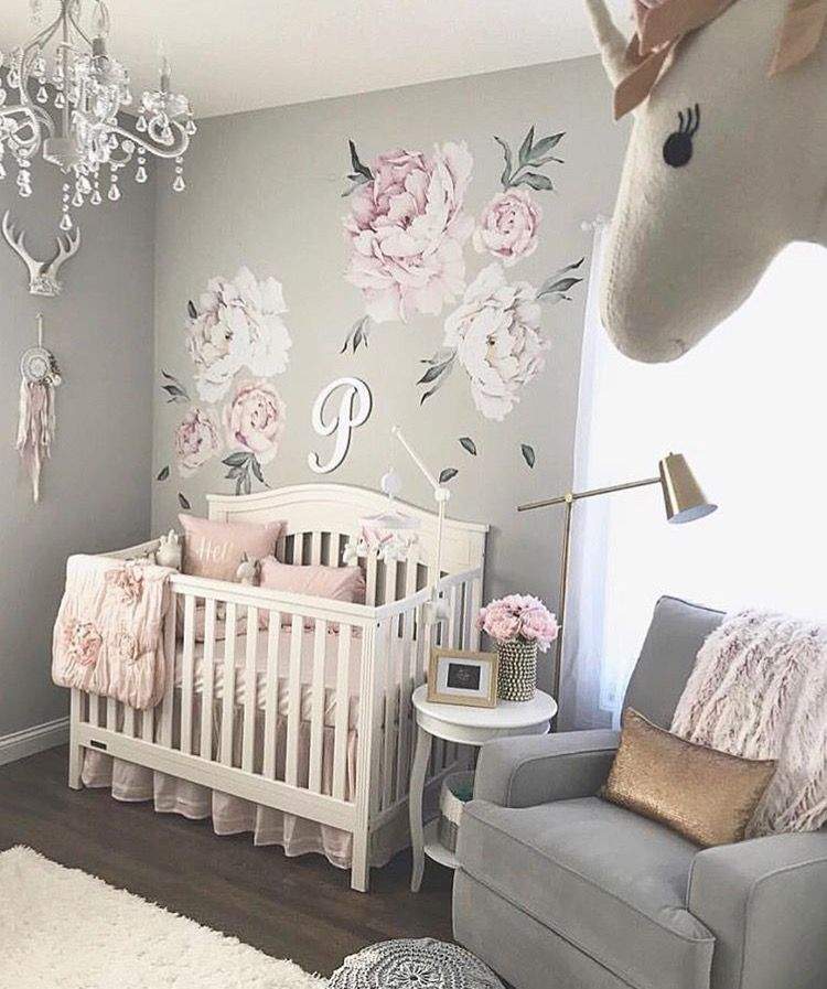 baby room ideas for girls grey wall color with floral decoration