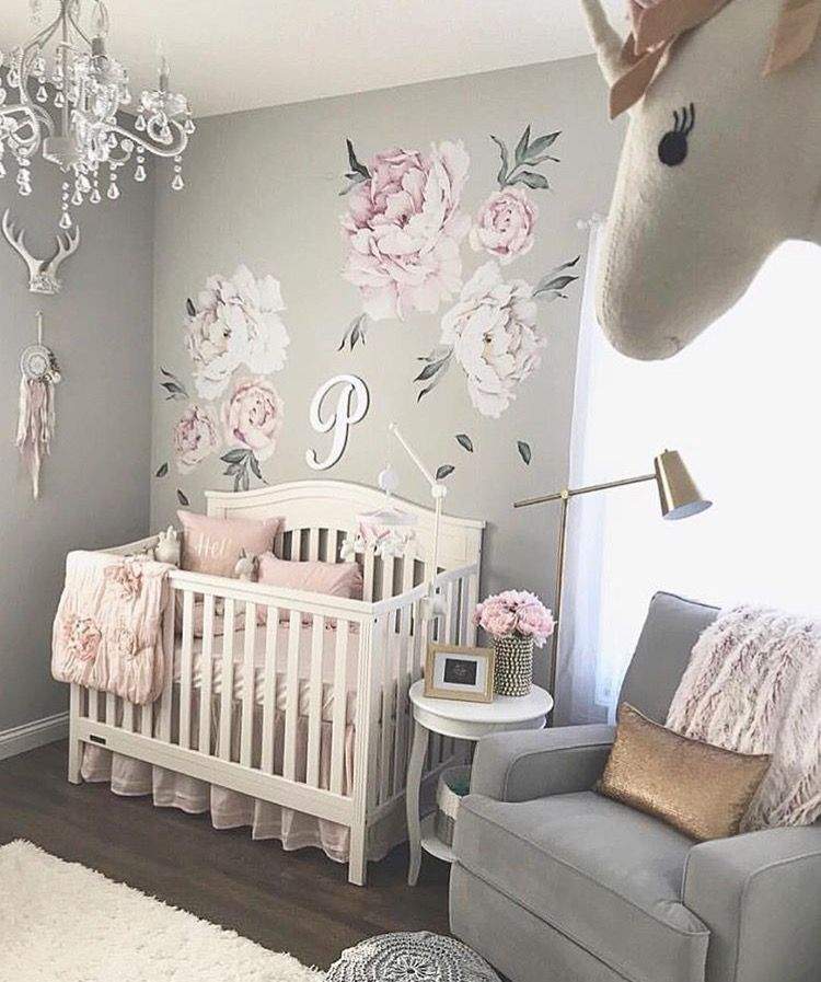 baby-room-ideas-for-girls-grey-wall-color-with-floral-decoration