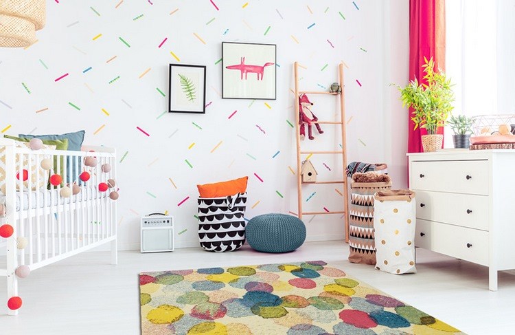 colorful carpet in white baby room