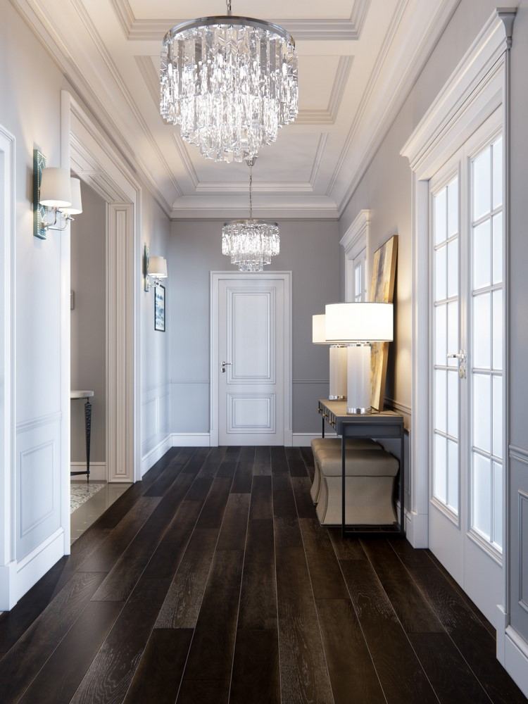 corridor with dark wood flooring grey and white color scheme elegant home design 