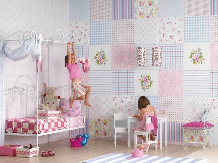 girl bedroom design wall decorating ideas patchwork wallpaper