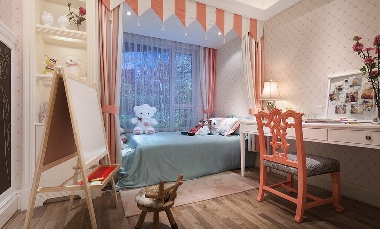 girl room ideas beige wallpaper and orange accent color
