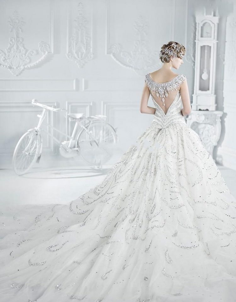 glamorous princess style wedding dress with long train