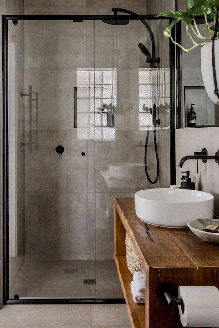 industrial-style-bathroom-design-with-wooden-vanity-and-walk-in-shower