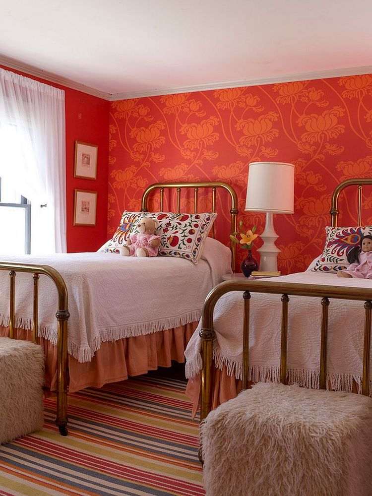 kids room ideas twin beds red wallpaper and striped rug
