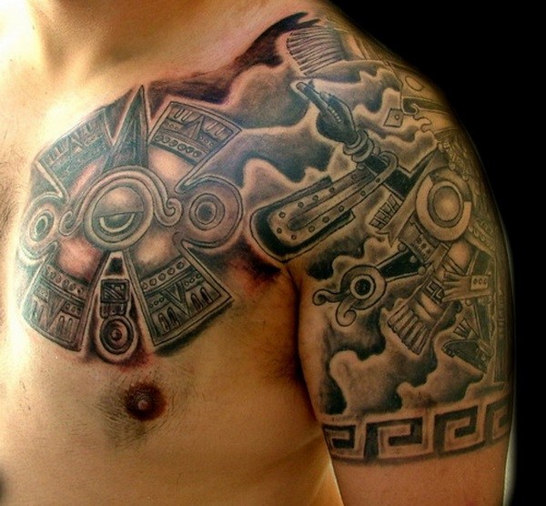 Aztec tattoo ideas chest and shoulder design for men