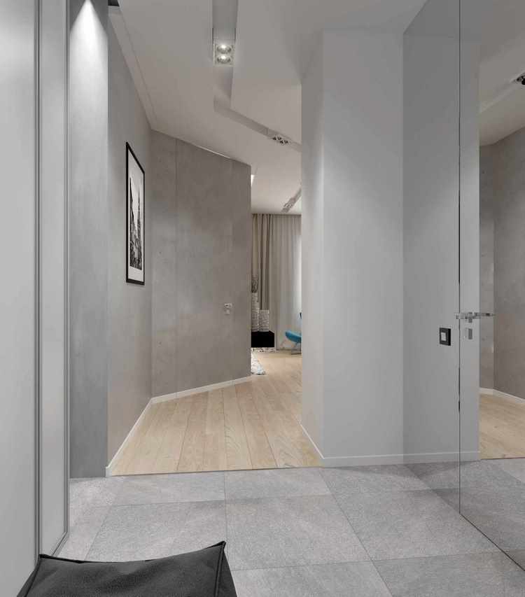 minimalist style house entryway corridor in gray and white