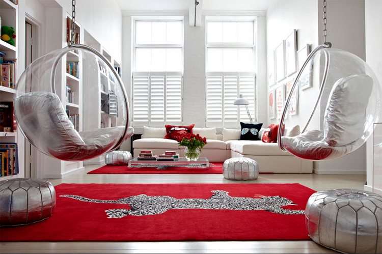 modern living room ideas white sofa silver ottomans and hanging bubble chairs