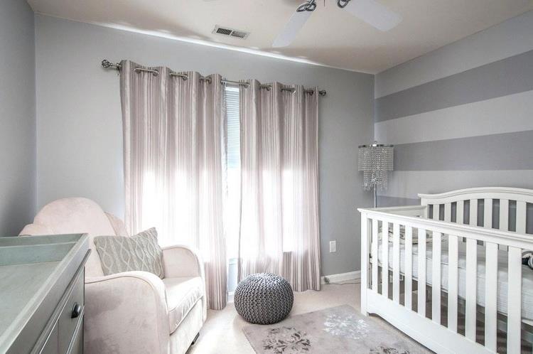 neutral nursery grey shades wall stripes white crib and changing table combo