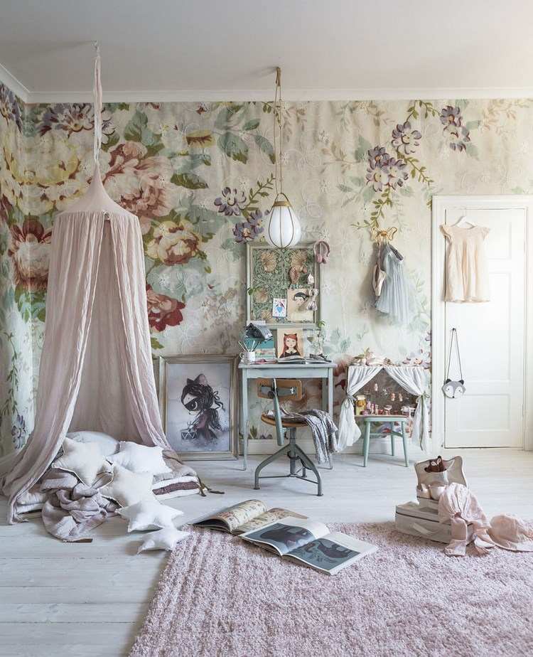 lovely wallpaper with flowers in girl nursery room