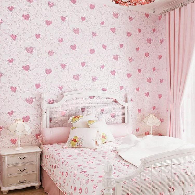 pink and white girl bedroom design ideas heart wallpaper print