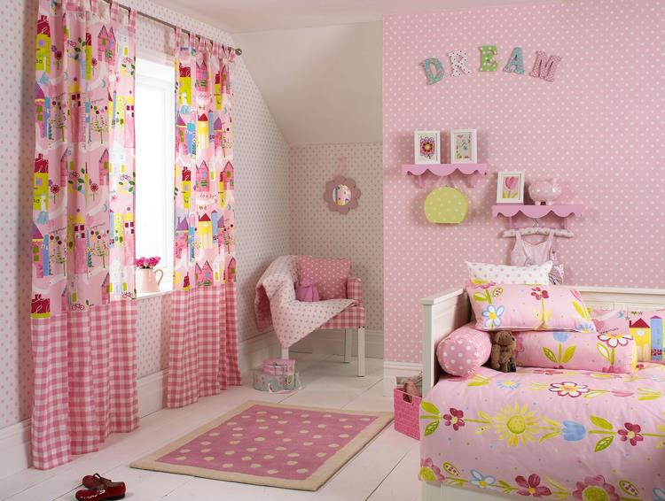 pretty girly bedroom decoration with polka dot wallpaper