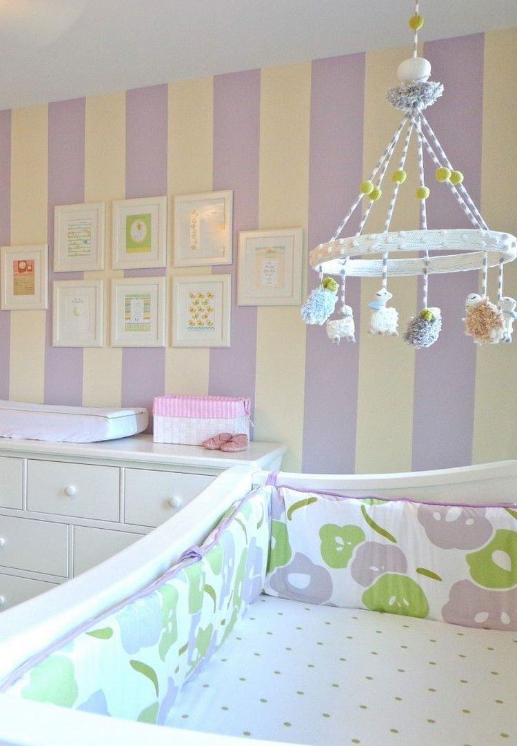purple pastel color lavender and yellow wallpaper in nursery room
