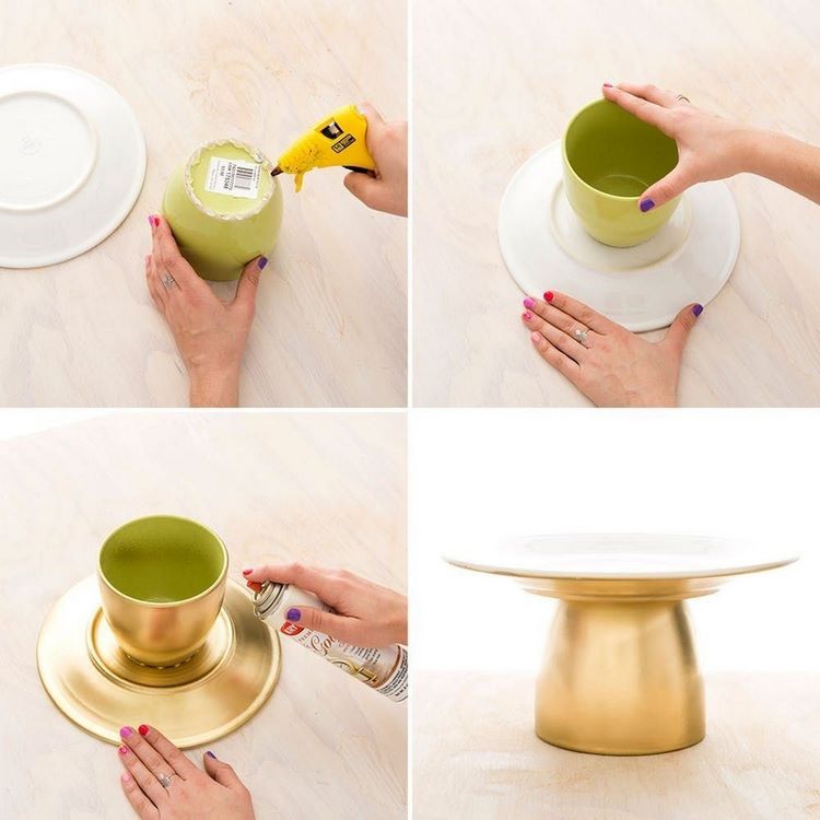 DIY cake stand from plate and bowl step by step tutorial