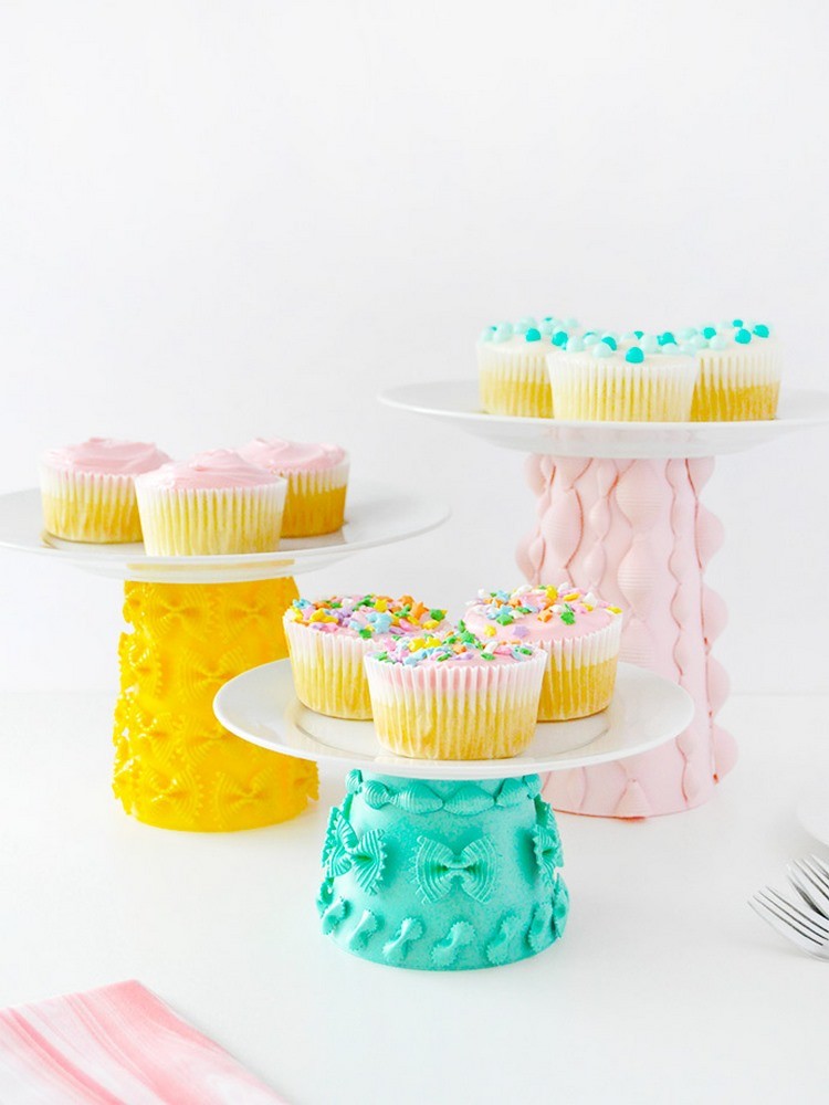 DIY cake stand decorated with pasta