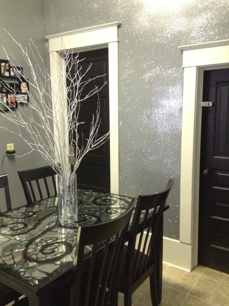 wall decorating ideas dining room with silver glitter paint 
