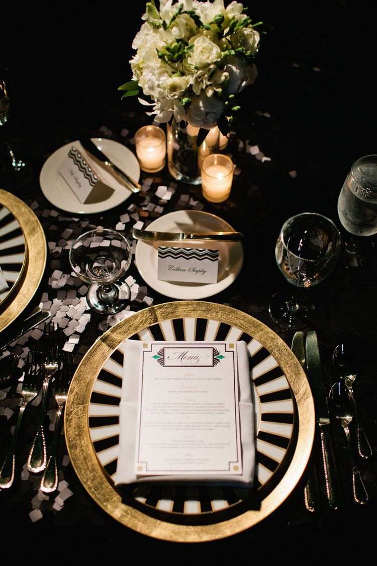 art deco wedding decor ideas table setting black tablecloth