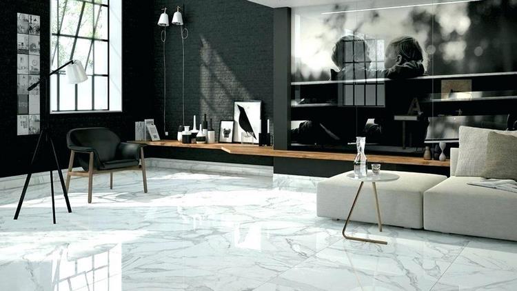 black and white living room with marble floor 