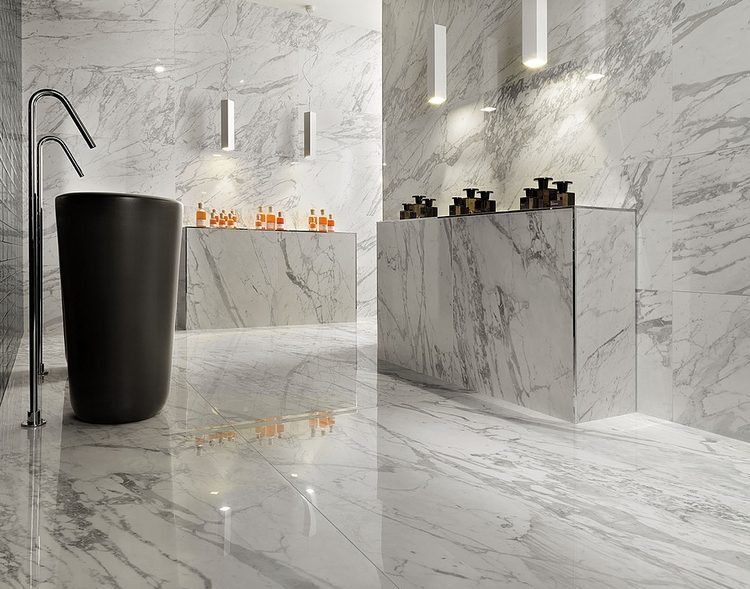 contemporary bathroom with gorgeous marble wall and floor tile