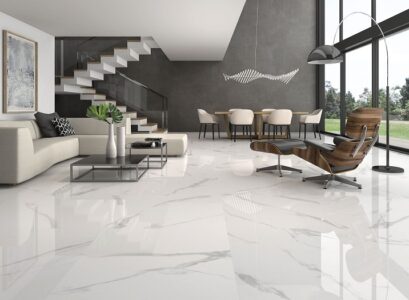 contemporary-open-plan-living-space-with-marble-tile-floor-and-gray-accent-wall