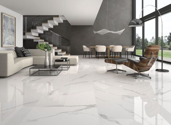 contemporary-open-plan-living-space-with-marble-tile-floor-and-gray-accent-wall