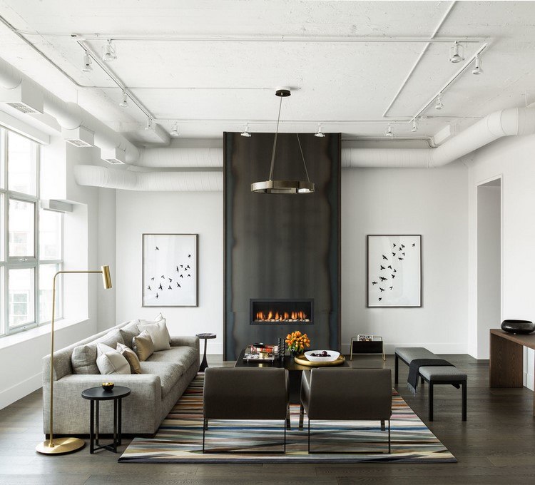 living room with white walls and dark hardwood floor