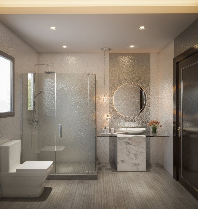 modern bathroom design with walk in shower and silver accent wall