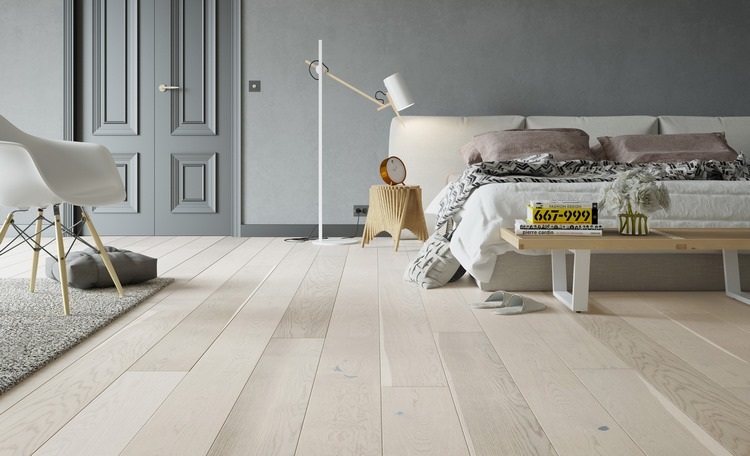 modern bedroom design wide plank hardwood floor 