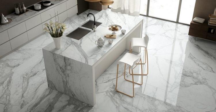 modern kitchen design with marble floor and waterfall countertop