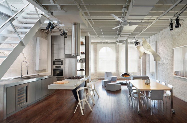 open plan living space design with dark hardwood floor