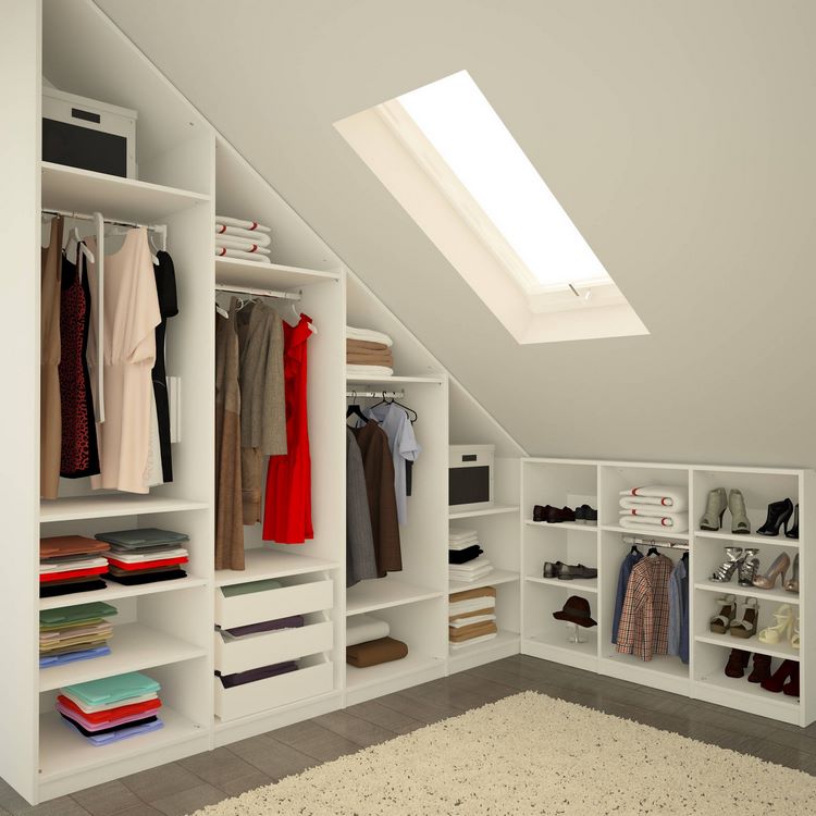 Attic walk in closet ideas open shelving system storage space