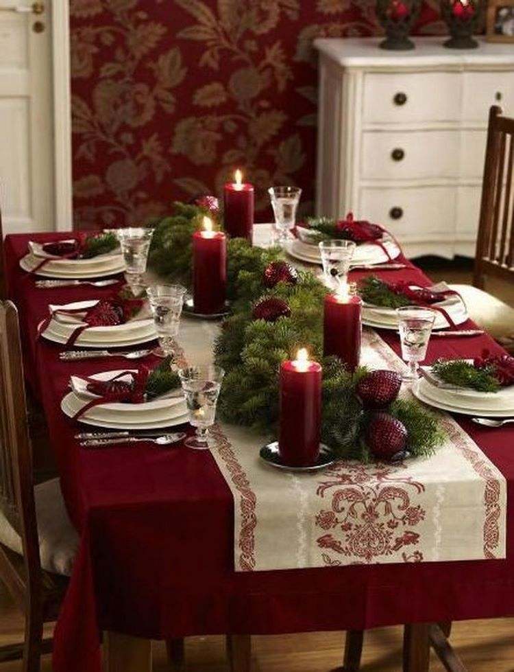 DIY-Christmas-table-decor-ideas-red-candles-and-evergreens-centerpiece