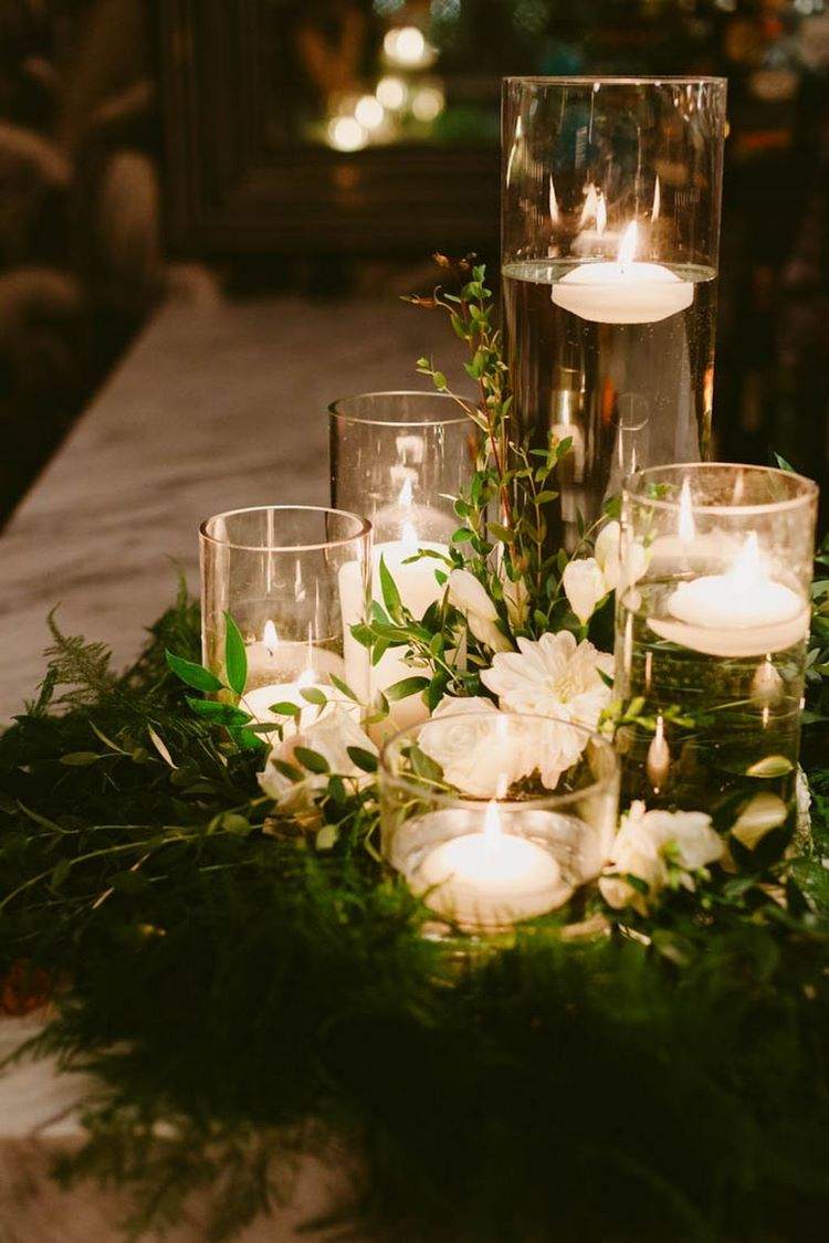  floating candles and flowers centerpiece DIY wedding table decor ideas