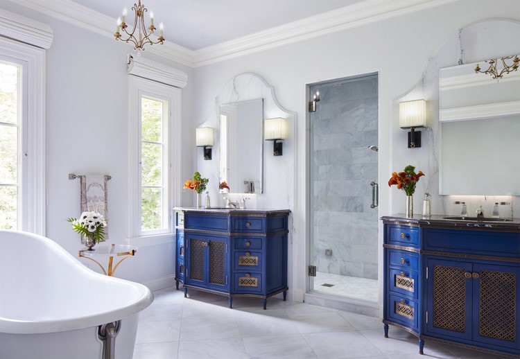 bathroom design and decor ideas white floor blue vanity cabinets