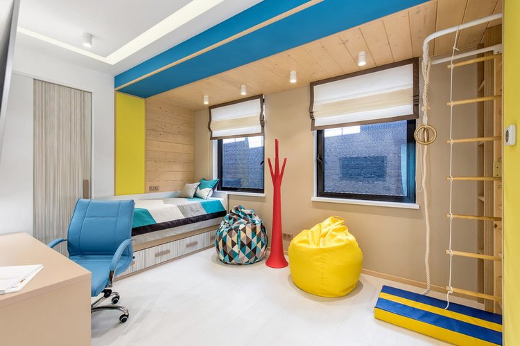 kids room ideas white floor blue yellow accent colors