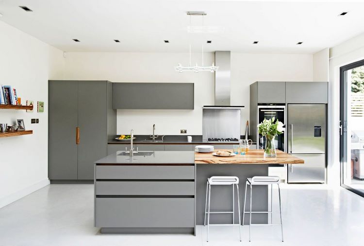 modern kitchen with gray cabinets and white floor