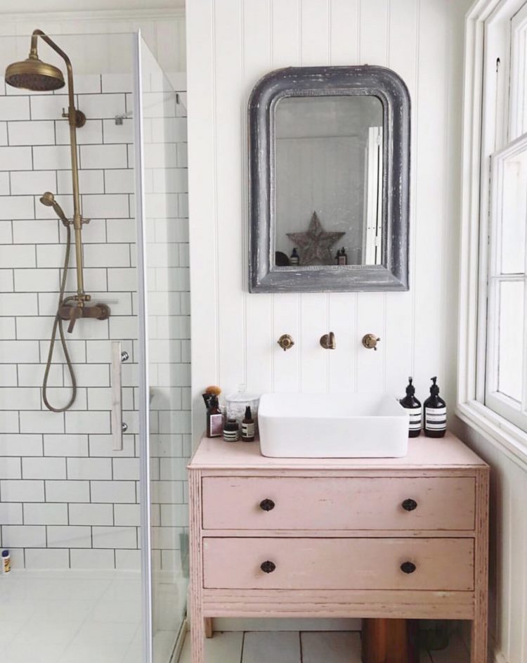 small guest bathroom with shower vintage vanity cabinet