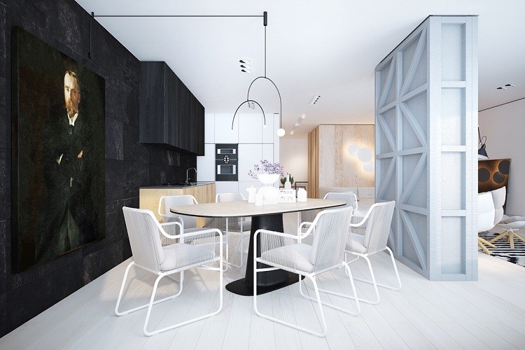 white wood floor and black wall color dining room design