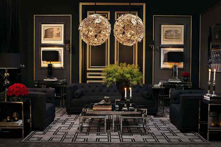 Living room design with black walls and furniture large chandeliers