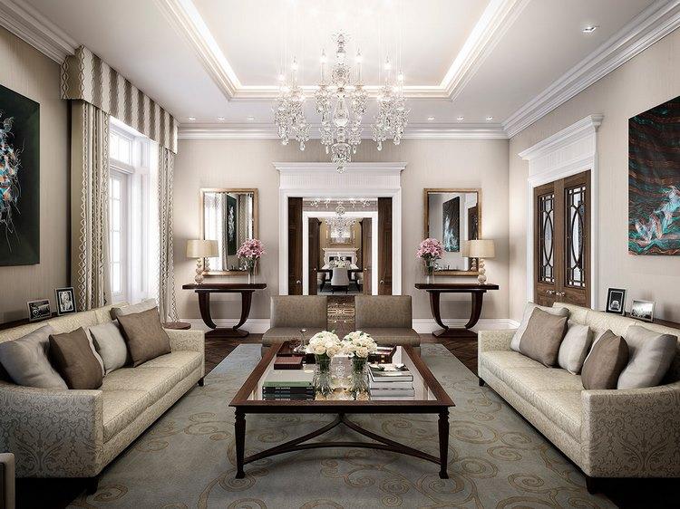 beautiful living room interior and decoration with crystal chandelier