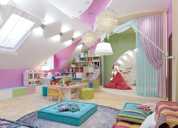 fresh colorful attic bedroom and playroom ideas