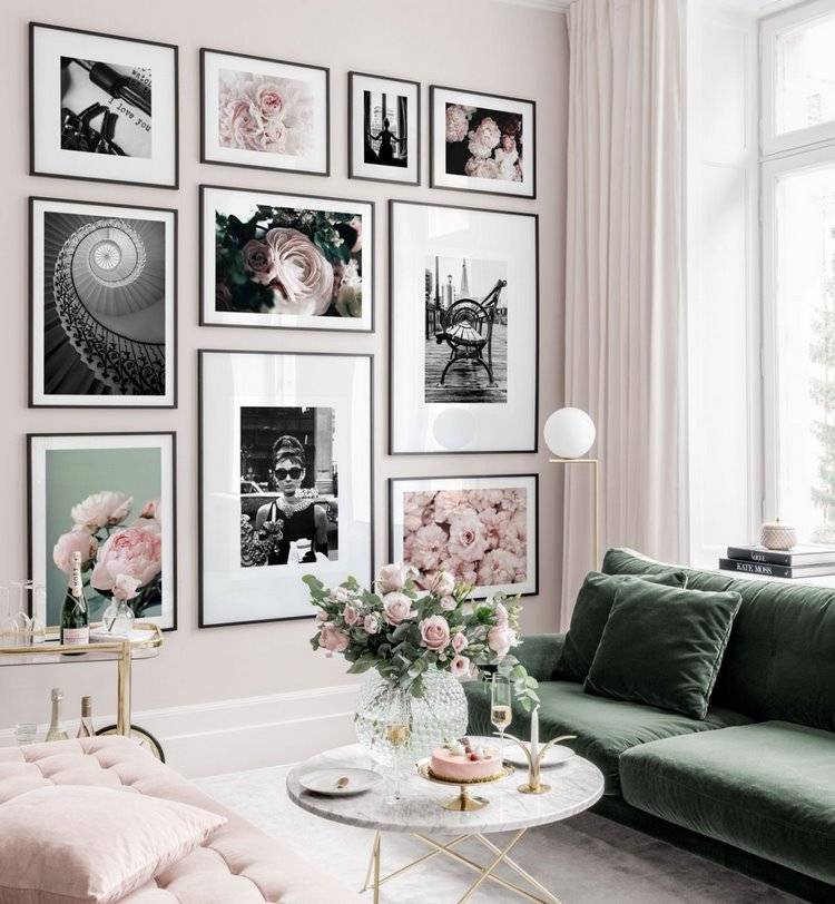 Beautiful gallery wall ideas living room color scheme in pink black and white