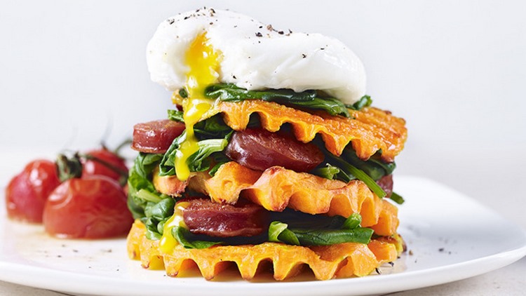 Butternut squash waffles with chorizo and spinach