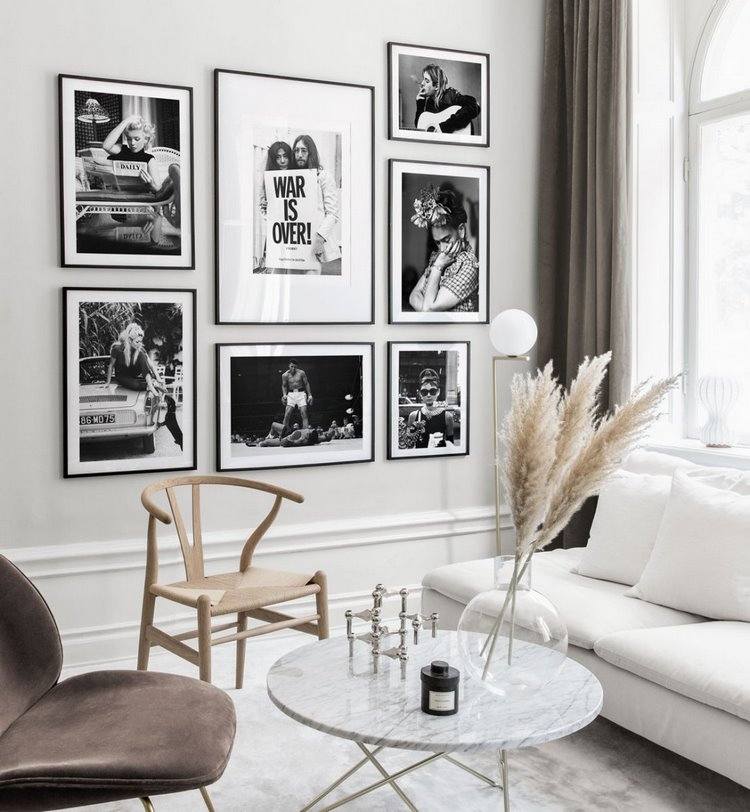 Stylish gallery wall in black and white photo art