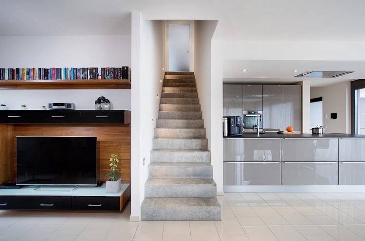interior concrete staircase kitchen living room modern decor ideas