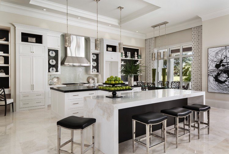modern white kitchen with double islands and seating