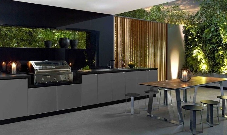 outdoor kitchen in dark shades gray and black combination